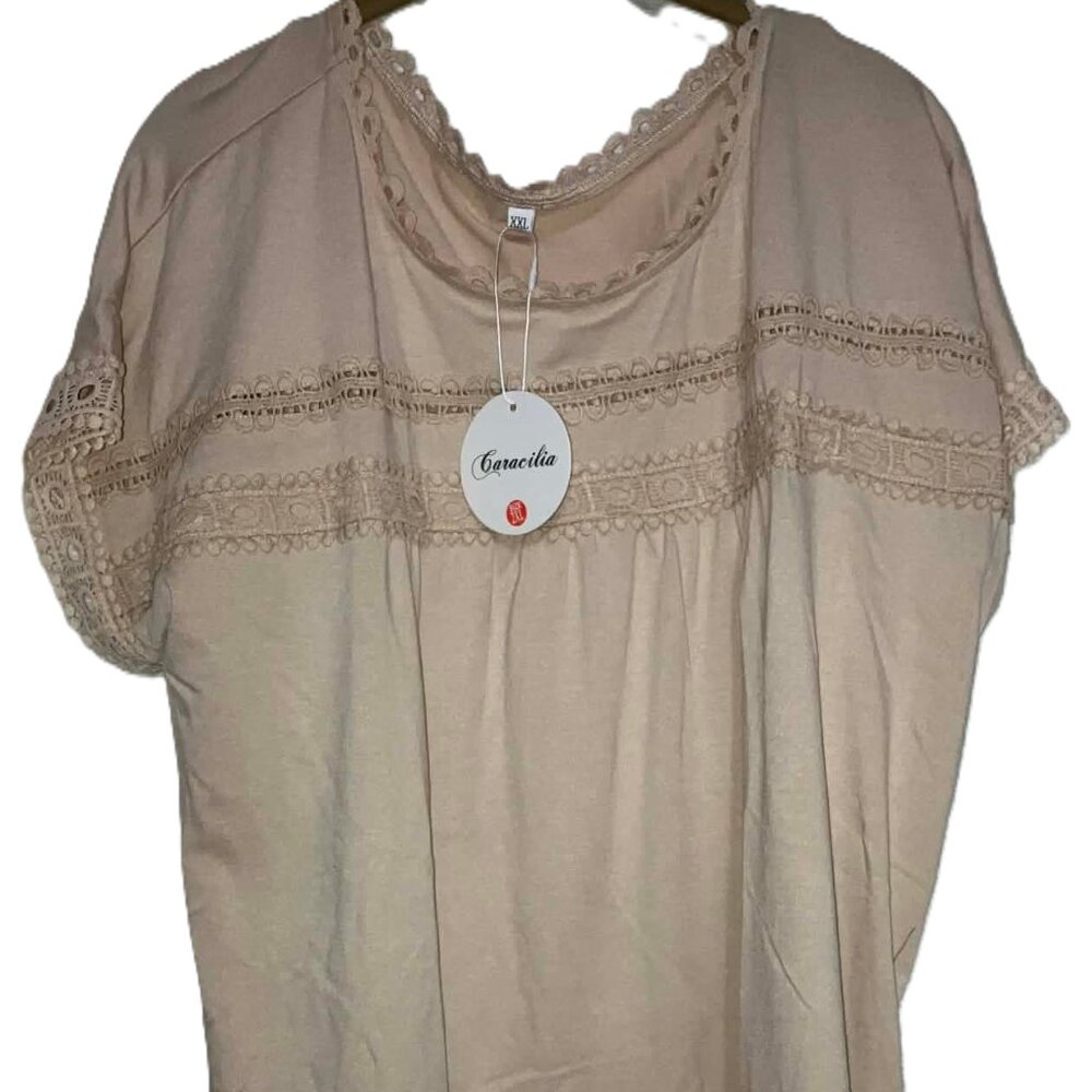 Caracilia Women's Short Sleeve Khaki Shirt with Lacy Embellishments Size XXL